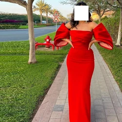 Elegant Straight Ankle Length Red Off the Shoulder Satin Short Sleeves Evening Dress Simple Pleats Saudi Arabia Prom Gowns 2024