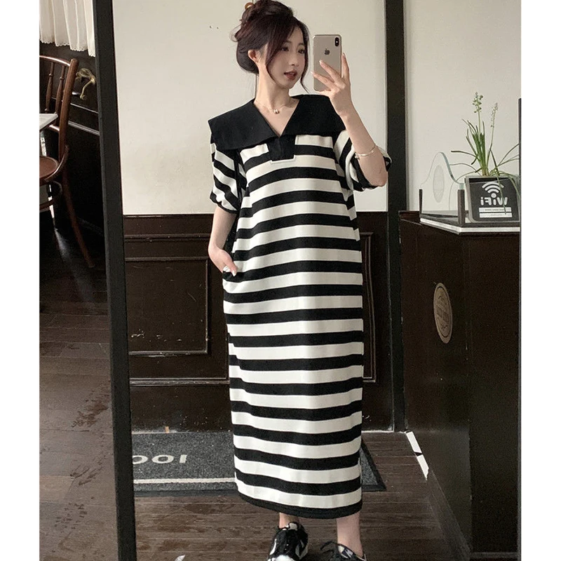 Fashion Sailor Collar Pockets Loose Striped Short Sleeve Dress Female Clothing 2024 Summer Oversized Young Style Casual Dress