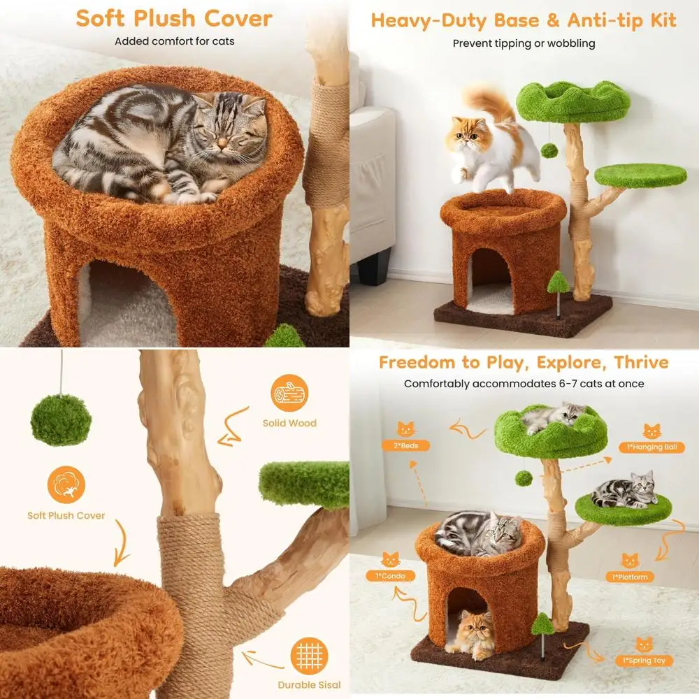 شجرة قطط مع أعمدة خدش، برج قطط لطيف متعدد المستويات للقطط المرحة والقطط المتعددة، برج تسلق خشبي مقاس 32 بوصة مع Na