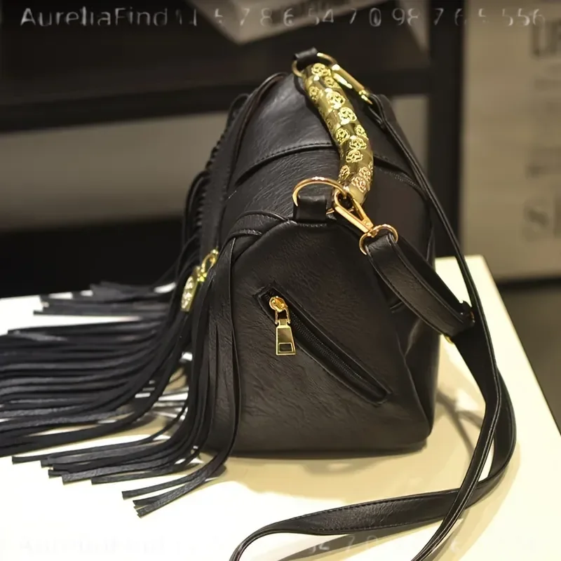 Women Soft Tassel Handbag Fashion European American Style Metal Accent Single Shoulder Crossbody Bag Casual Leisure Purse