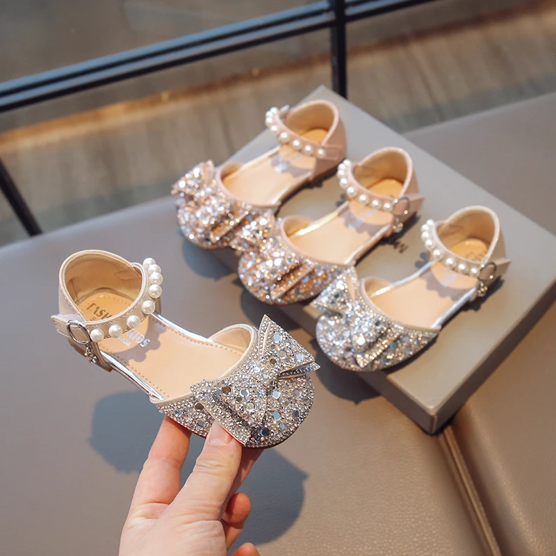 Girls Sequined Bowknot Sandals Summer Fashion Children\'s Pearl Party Sandals Baby Kids Soft Non-Slip Princess Shoes