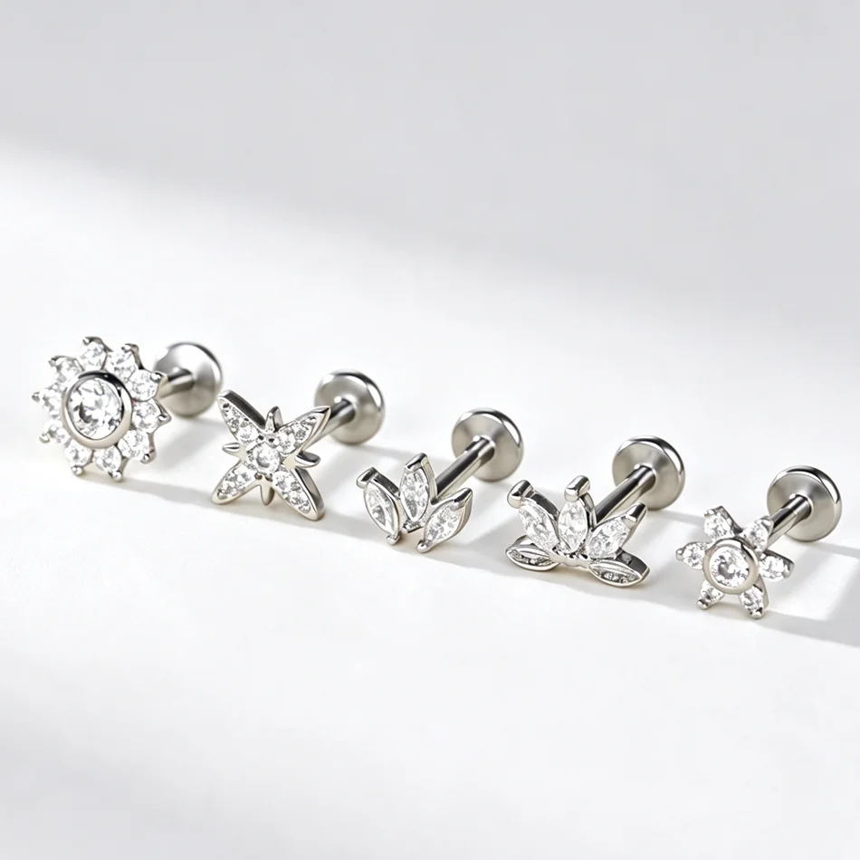 1PC  Labret Piercing Stud Earrings for Women Internally Threaded Cubic Zirconia Tragus Helix Lip Ring Body Jewelry