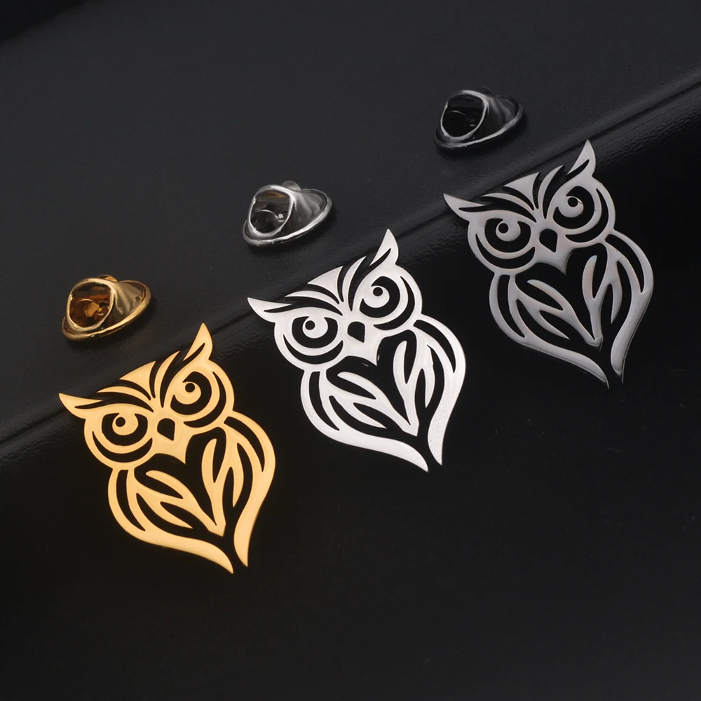 Men\'s Lapel Brooch Owl Shaped Fashion Brooch Stainless Steel Plated Color Wedding Dress Jewelry Birthday Gift for Boyfriend
