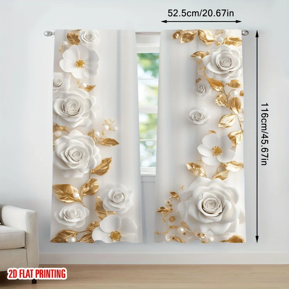 2 Pcs 2D Gold & White Floral Elegant Curtains – Rod Pocket Design for Living Room Office Bedroom Kitchen