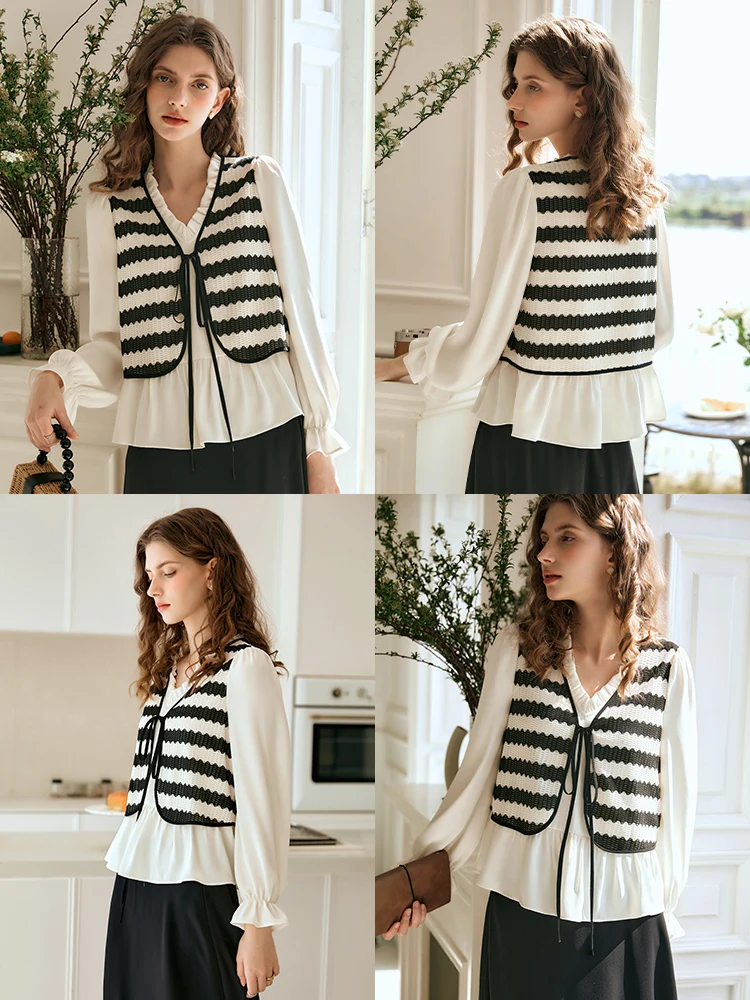 OLrain Women Striped Spliced Blouse 2025 Autumn Temperament Chiffon Shirt Fake Two-piece Tops Lace-up Female Clothing O24CX89835