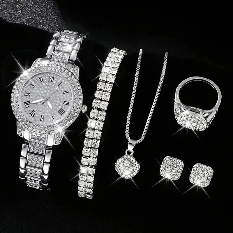 6-teiliges Set aus eleganten Quarzuhren und minimalistischen Accessoires für Damen, geeignet für den täglichen Gebrauch, Urlaubsreisen und als Geschenk für Freunde und Familie.