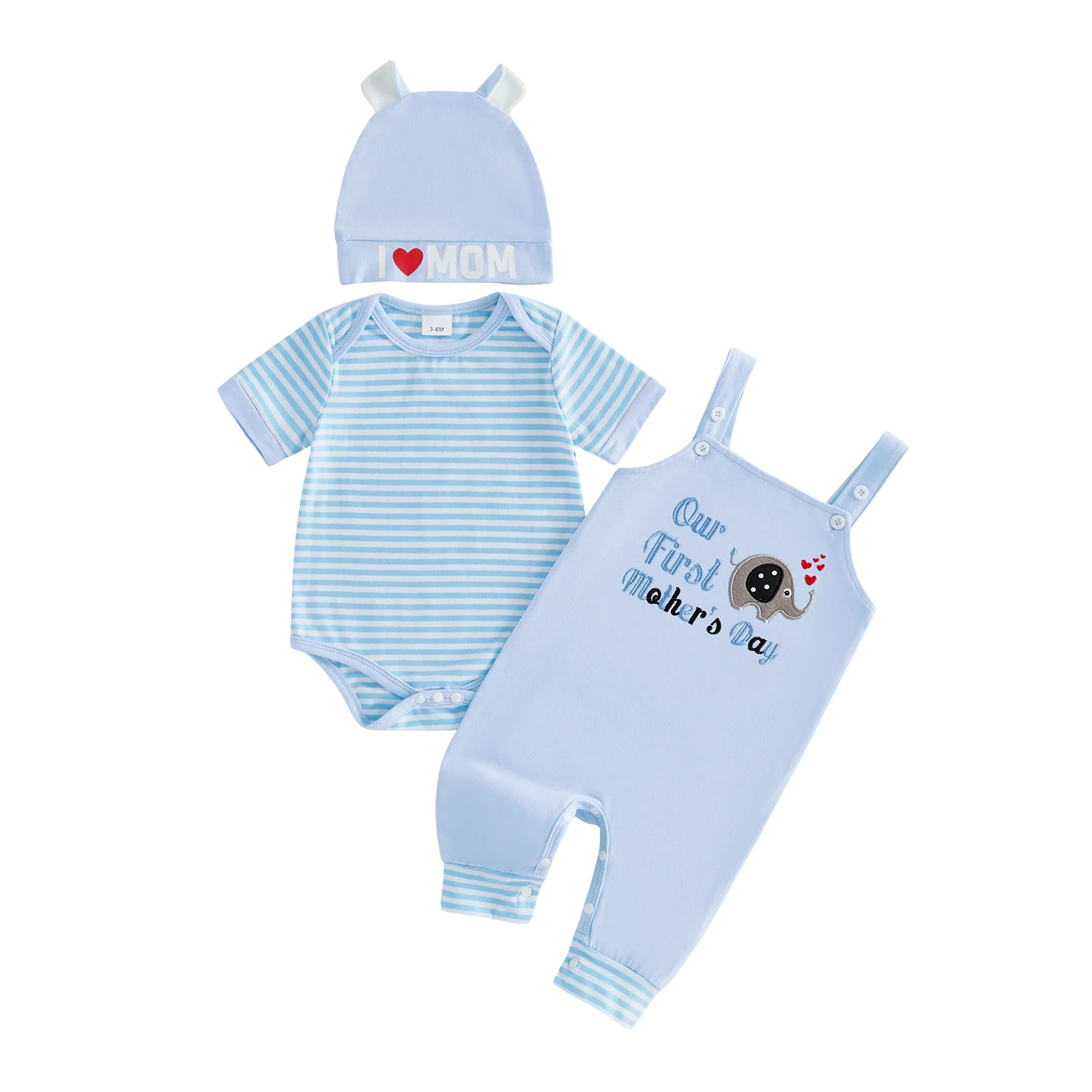 

Комплект для маленьких мальчиков: полосатый комбинезон с короткими рукавами и вышивкой, штаны-комбинезон и шапочка. Наряд на первый День матери.