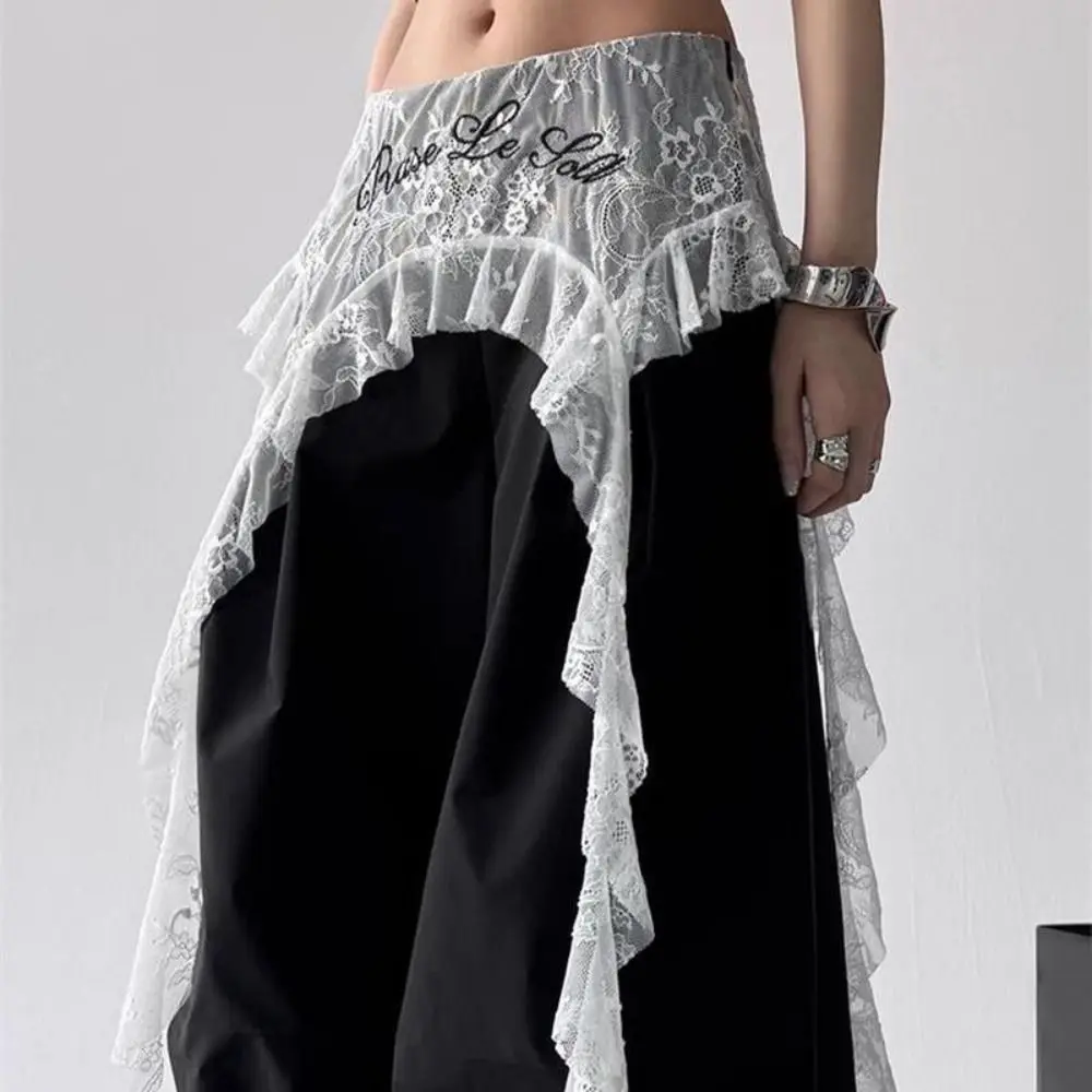 

Embroidered Flower Lace Mini Skirt See Through Y2K Streetwear Ruched Skirts Lace-up Design Irregular Pleated Skirts