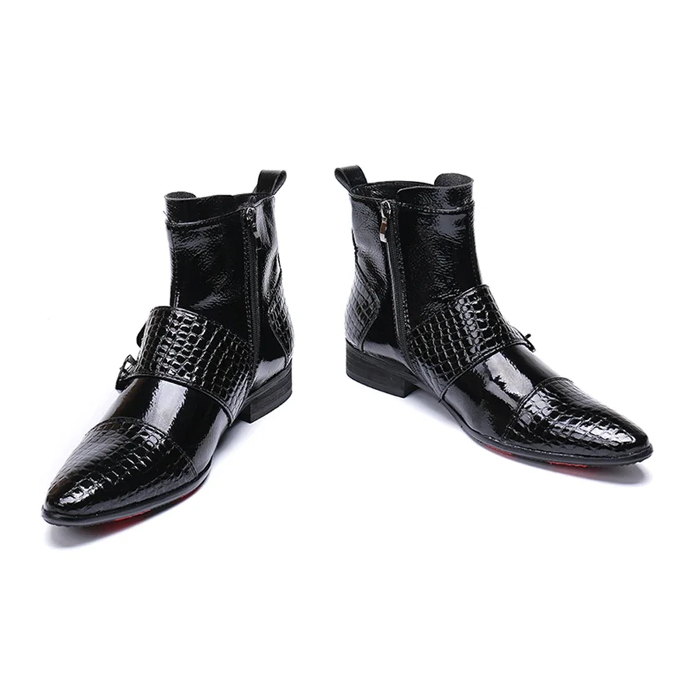 Black Buckle Patent Leather Low Heels Pointed Toe Zipper Boots Male Plus Size Fashion Party British Style Business Dress Shoes