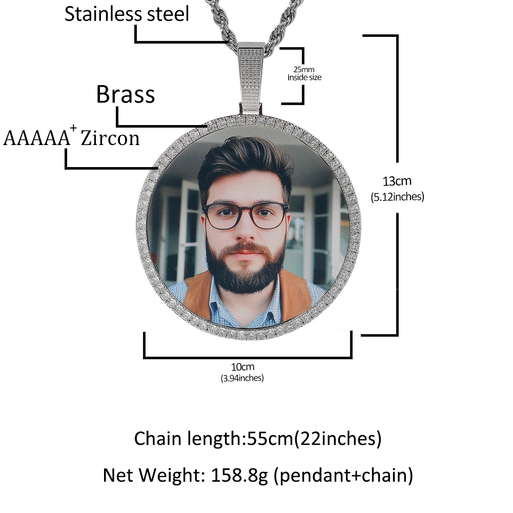 TBTK 100mm Diameter Large Round Medallion Custom Photo Pendant Necklace Engrave Name Iced Out CZ Hiphop Jewelry Memory Gift - view 3