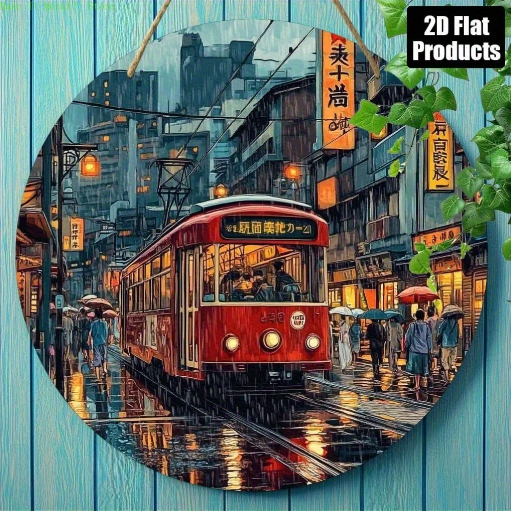 2D Flaches Retro-Schild mit Roter Straßenbahn in Regeniger Tokio-Straßenszene, Rundes Blechschild, Vintage Metallwandkunst für Japanische, Urbane und Reise-Dekoration