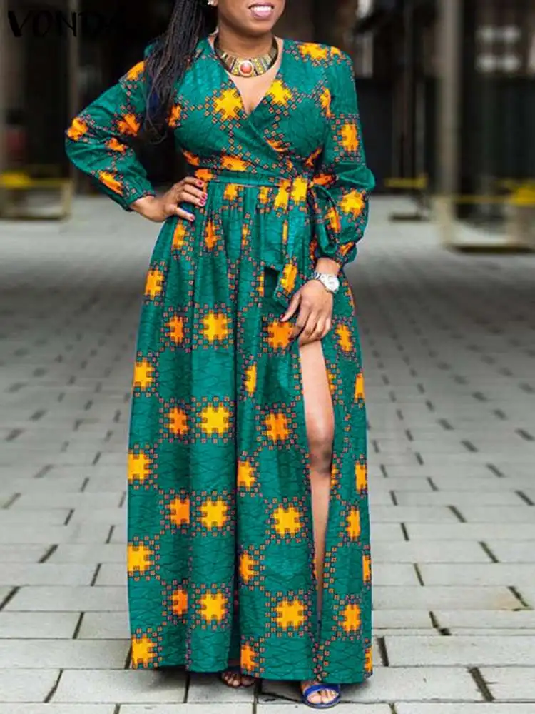 Plus Size VONDA Women Long Sleeve Printed Maxi Dress Autumn 2024 V Neck Elegant Party Sundress Bohemian Slit Casual Robe Belted