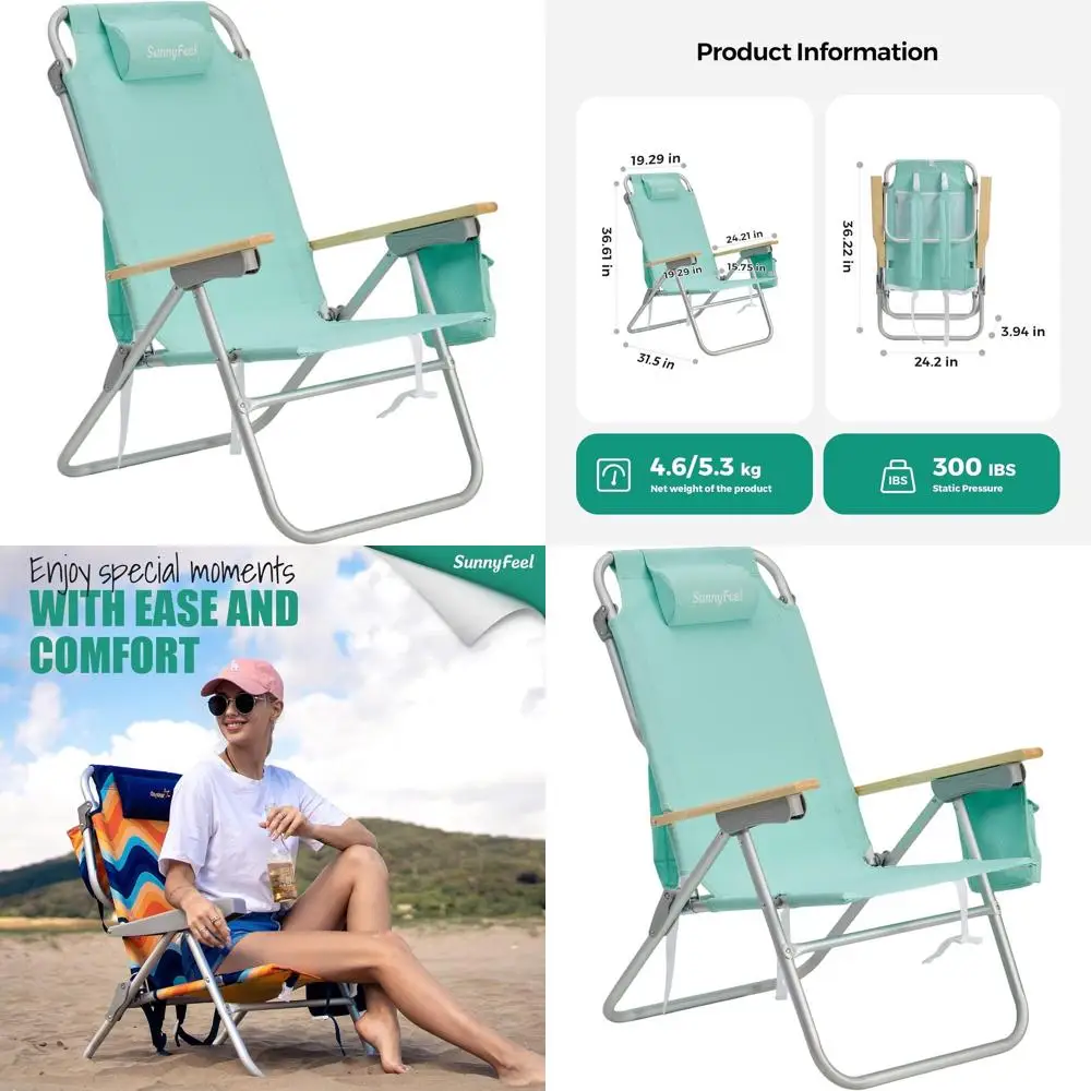 

Портативное пляжное кресло с 5 положениями, легкое кемпинговое кресло для взрослых, деревянные подлокотники, грузоподъемность 300 фунтов, зеленое