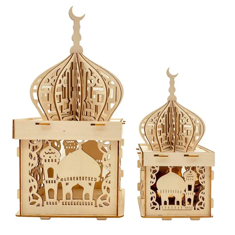 Eid Crafts DIY Light Ramadan Mubarak Wooden Decorative Ornament Lamp Snazzy Mosque Hollow Ornaments With LED Lights For Party