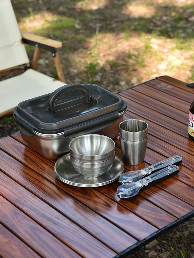 Outdoor Double Tableware Portable Set Camping Supplies Equipment Picnic Bowls, Plates Cups Chopstick and Spoon Stainless Steel