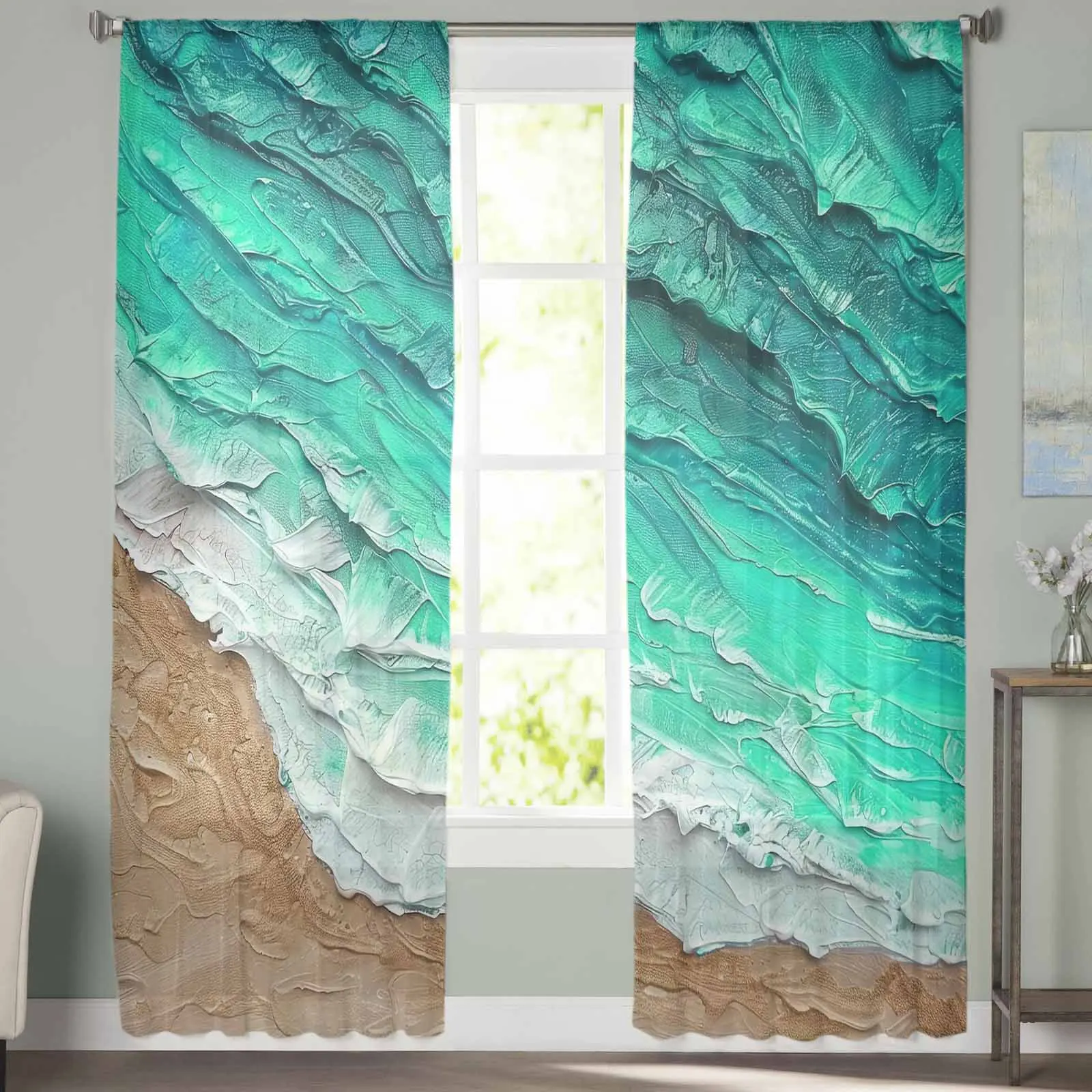 Ocean Beach Duck Green Gradual Waves Tulle Curtains For Bedroom Home Decor Living Room Kitchen Voile Curtains For Blind