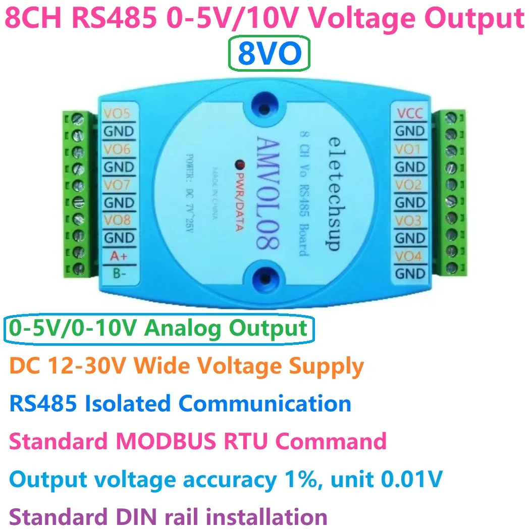 

Modbus Rtu Text Editor HMI PLC Analog DAC IO Expansion Board 8VO RS485 to 0-10V/0-5V Voltage Output