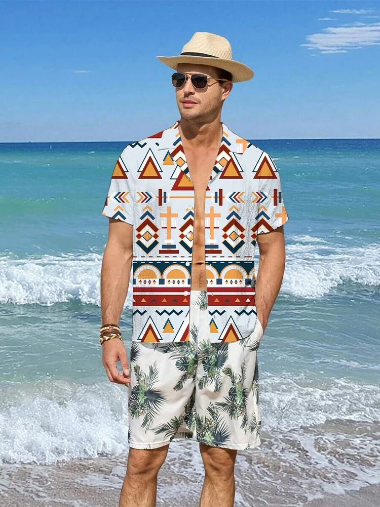 Setelan baju pria, musim panas Vintage cetak 3D baju pria set mode kemeja lengan pendek ukuran besar celana pantai pakaian jalanan Hawaii