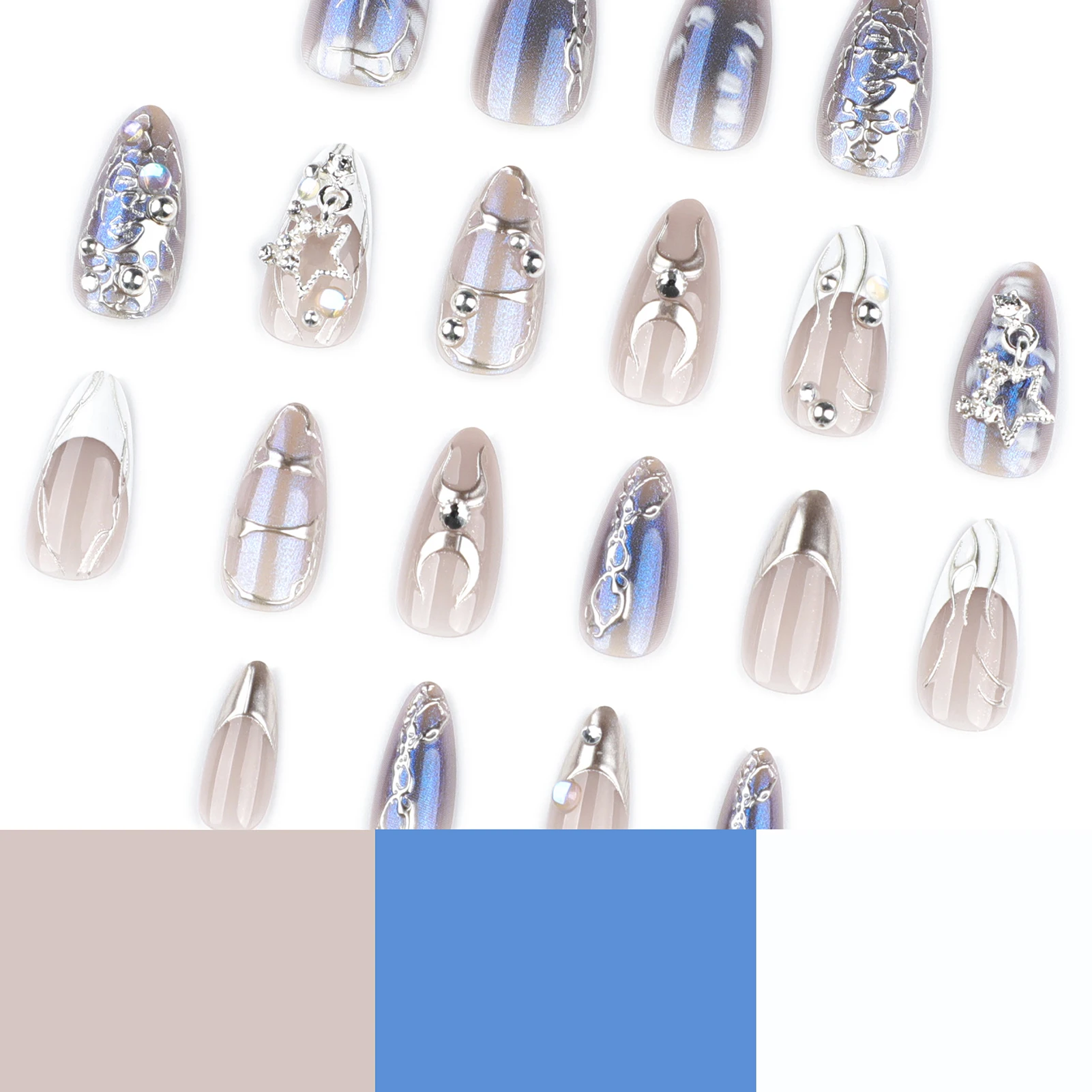 3D 스타 프렌치 인조 손톱 24개 미러 실버 글리터 프레스온 네일 아몬드 모양 파티 휴일 패션 네일 아트