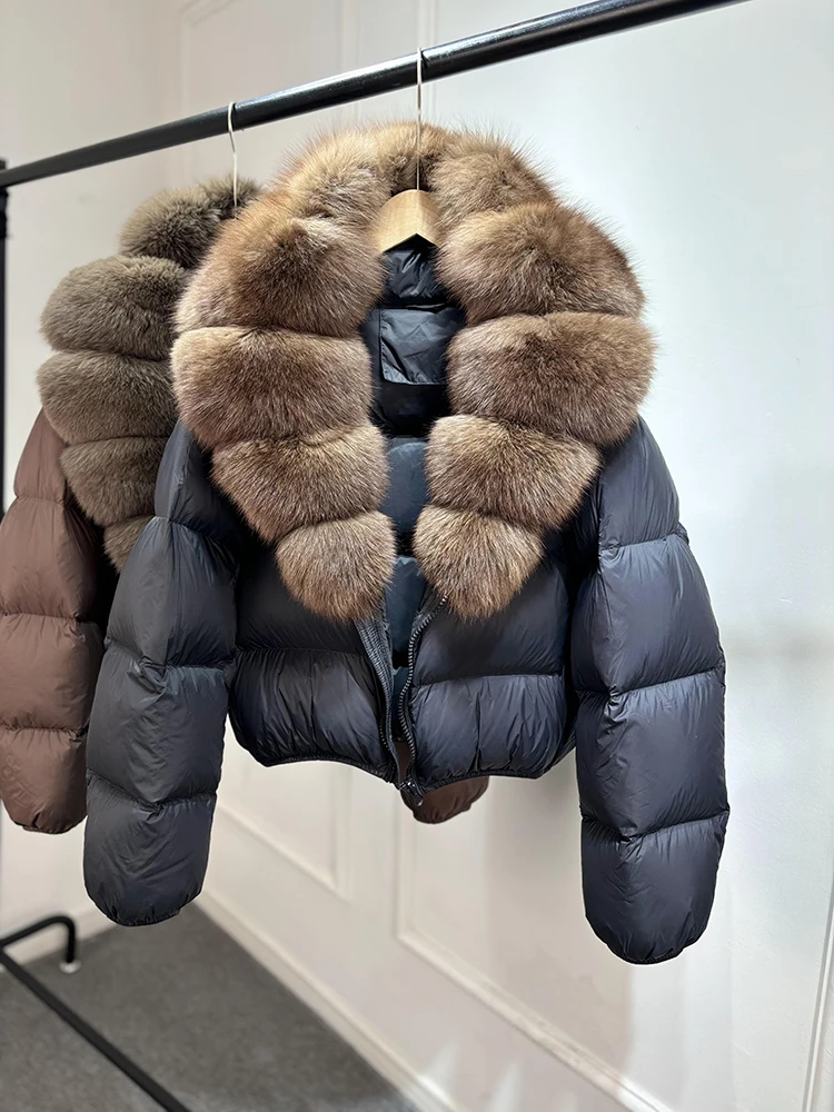 Janveny 2025 New Puffer Jacket Women With Large Natural Fox Fur Collar Short Fluffy Thick Parkas Female 90% White Duck Down Coat