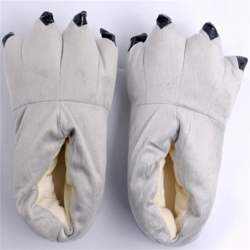 Cartoon Animal Paw Slippers Winter Funny Monster Dinosaur Claw Soft Plush Warm Indoor Floor Cotton Shoes For Men Women Kids