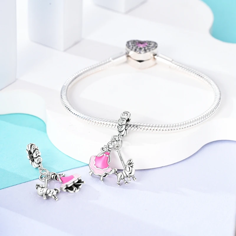 Fashionable 925 Sterling Silver Pink Princess Dress Barbie And Poodle Charm Fit DIY Bracelet Necklaces Women\'s Date Accessories