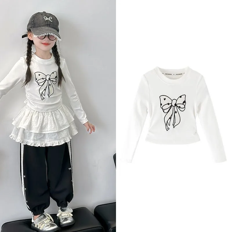 Bow Print Children's Coat Girls T-shirts T-shirt Korean Clothing 2025 Outdoor Clothes From 11 12 Years Old 10 Elementary Girl 4