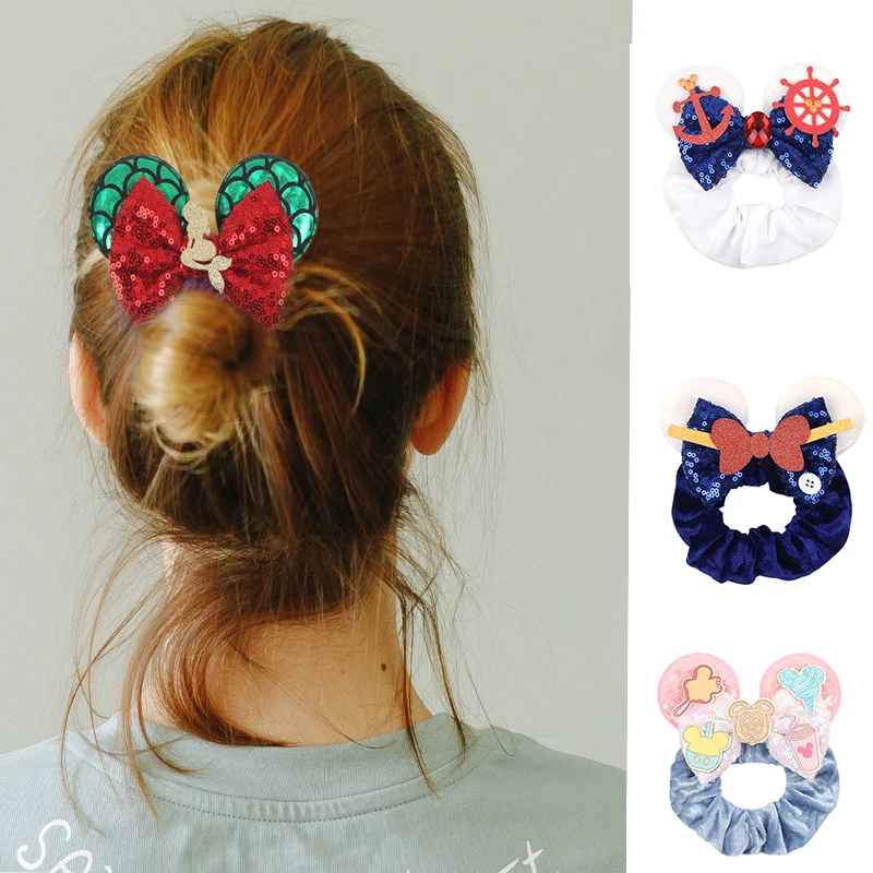 Disney Mouse Oren Fluweel Scrunchies Haarband Vrouwen Elastische Paardenstaart Houder Meisjes Pailletten Strik 2024 Vrouwen Trip