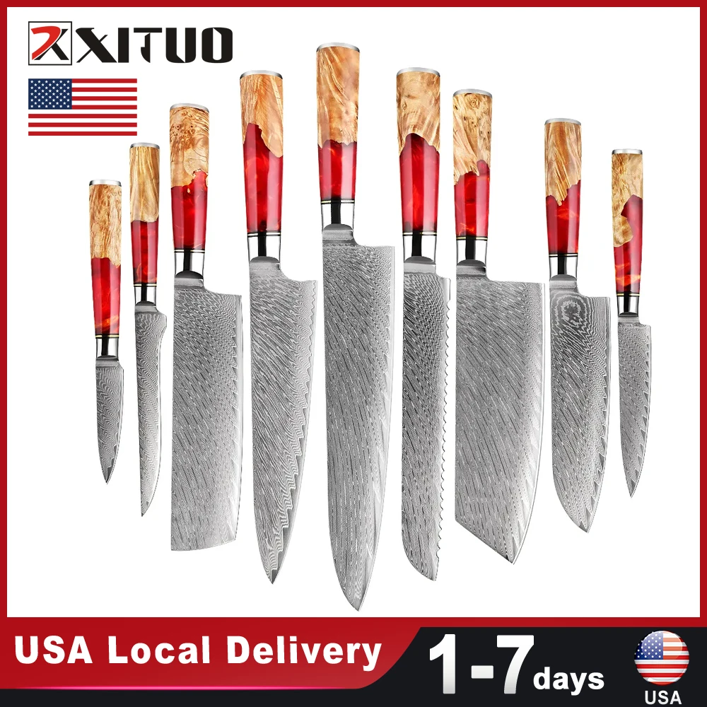 USA Warehouse Fast Shipping Damascus Steel 9PC Knives set Red Resin HandleKitchen Stainless Steel Sharp Sliced Tool Chef's Knife