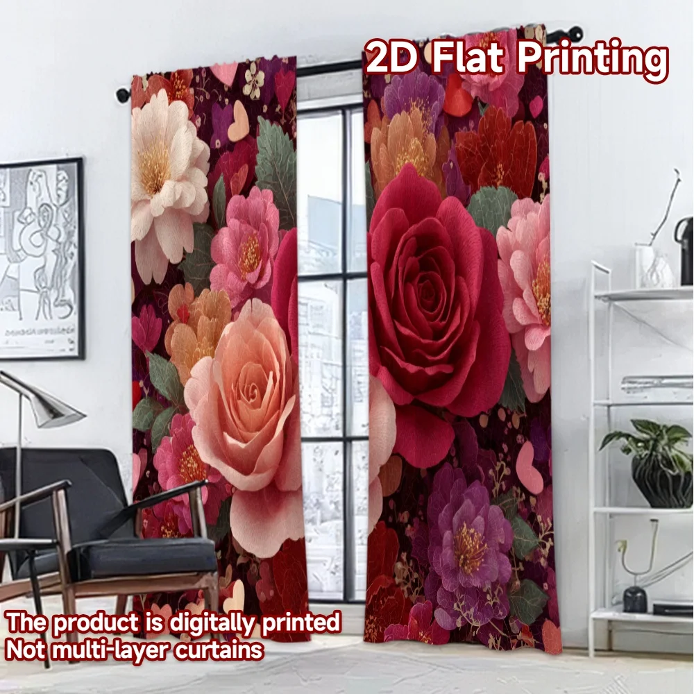 2D FLAT PRINTING 2pcs Curtains (Without Rod) Valentine's Day Floral Hearts Pattern Chic Curtains Versatile Fabric Curtains