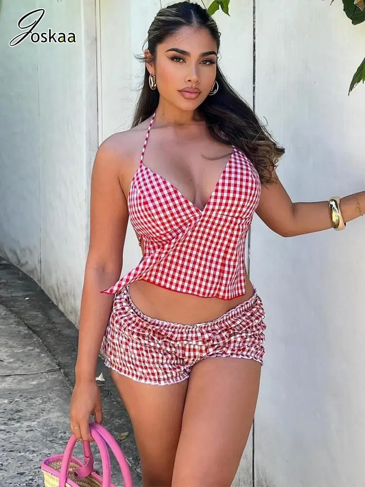 

Joskaa Plaid Print 2 Piece Sets Women Hipster Backless Bandage Hater Vests and Shorts Matching 2025 Summer Vacation Beachwear