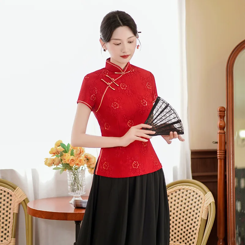 Green Elegant Tang Clothes Chinese Style Top Women Sexy Lace Qipao Summer New Costumes Vintage Mandarin Collar Hanfu Shirt