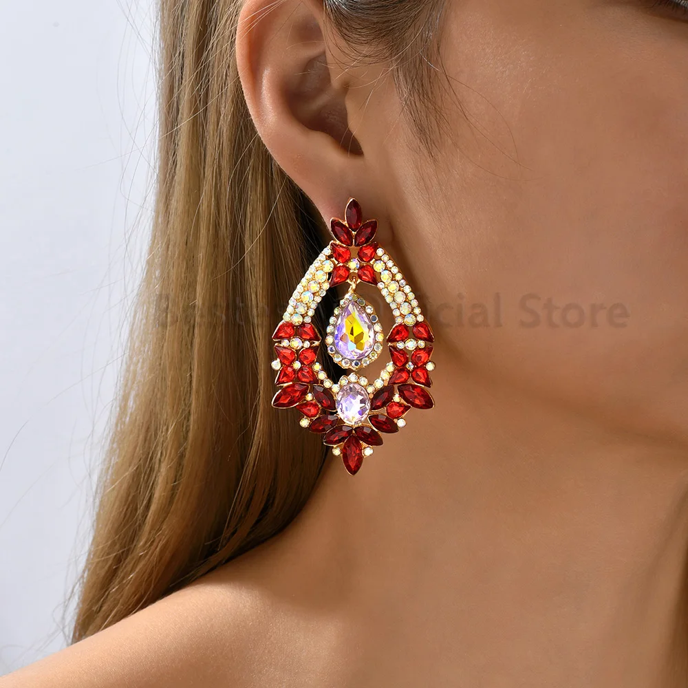 New Colorful Rhinestone Earrings For Women Geometric Luxury Trendy Alloy Pendant Femme Party Statement Jewelry Ear Accessories