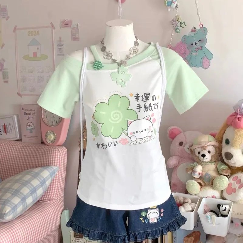 Camisetas con estampado Kawaii japonés para mujer, Tops con hombros descubiertos de Anime Y2K, blusa de manga corta a la moda estilo Otaku, novedad de verano