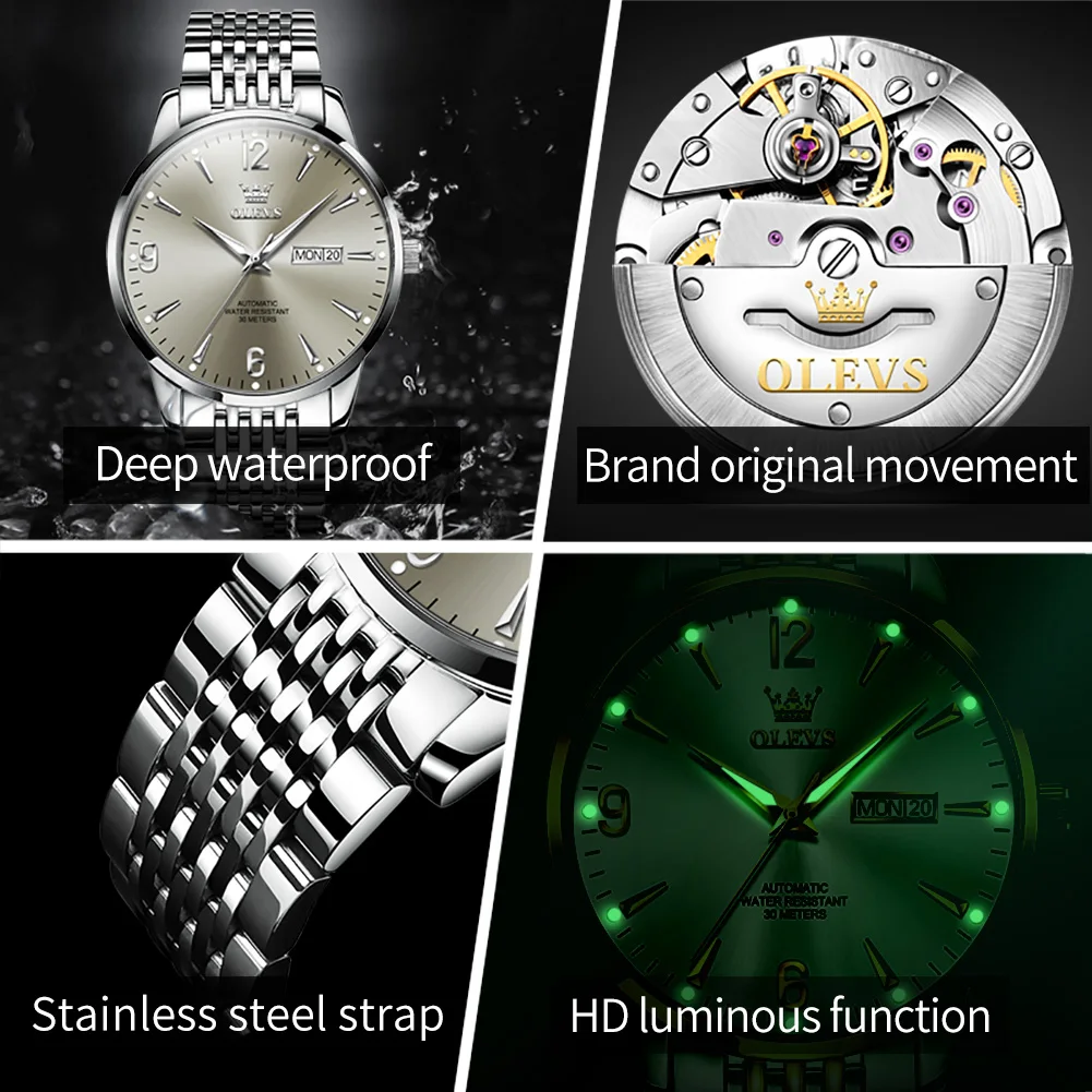 OLEVS 9928 Mens Watch Original Mechanical Watch Waterproof Luminous Watch for Man Stainless Steel Reloj Dual Calendar Display