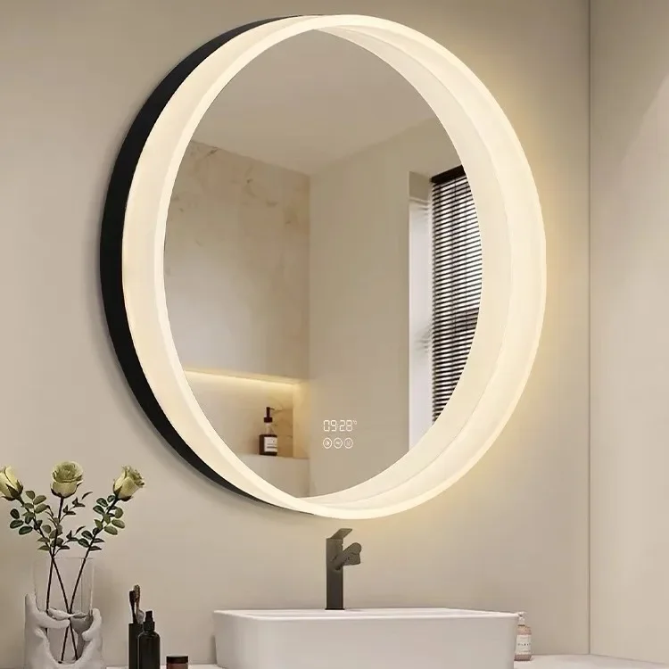 Modern Defogging Makeup Mirror Home Toilet Round Mirrors Smart Bathroom Mirror Solid Wood Round Wall Mounted Mirror with Shelf