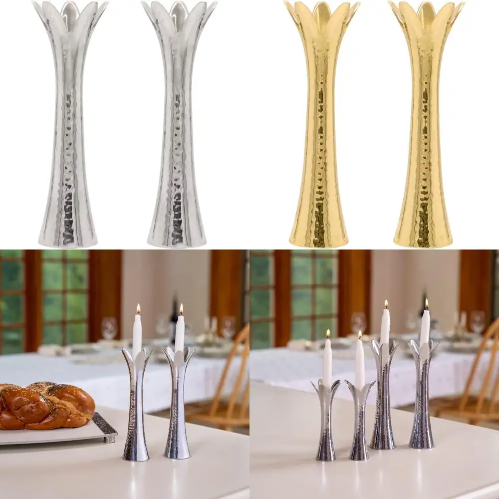 

Hammered Pillar Candle Holders Set of Two, Shabbat Flower Petal Design, 8 Inch Silver Candlestick Holders for Home Decor