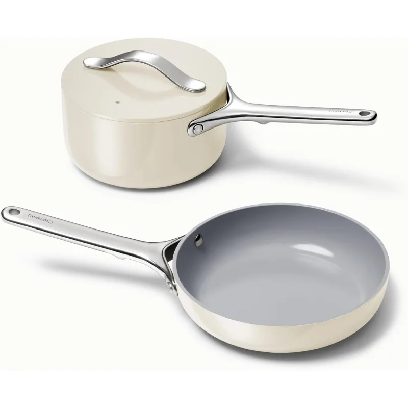 Mini Cookware Set - Nonstick Ceramic Frying Pan (1.05 qt, 8 in) and Saucepan (1.75 qt) - Non-Toxic, PTFE and PFOA Free Cream