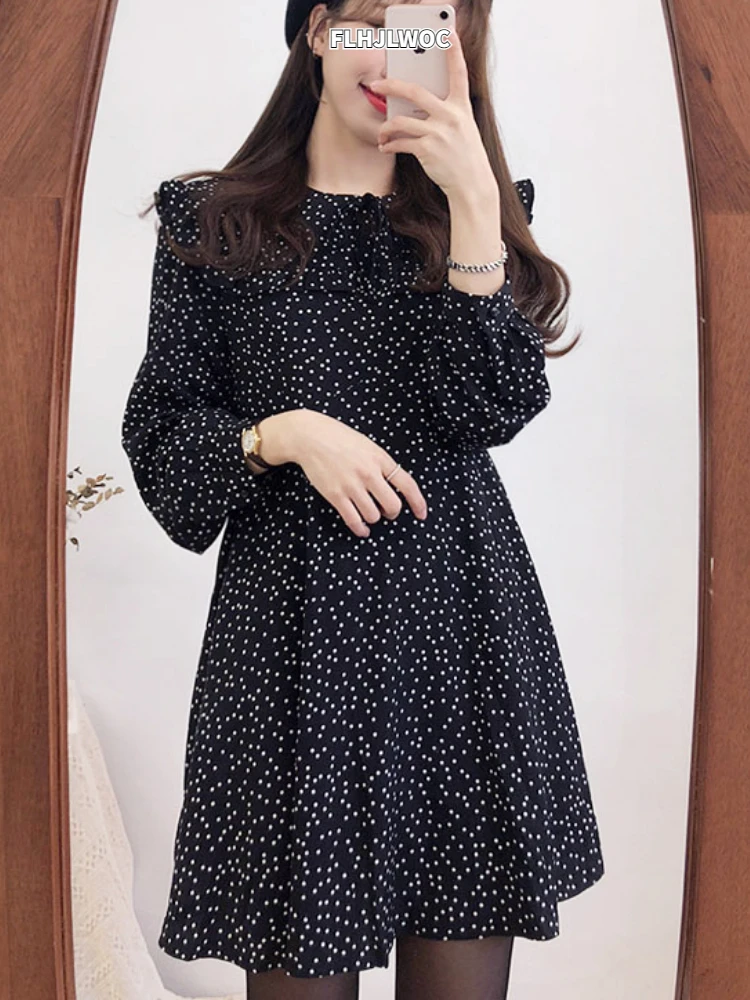 2023 Cute Sweet Dress Hot Sales Women Fashion Korean Style Design A Line Preppy Girls Vintage Polka Dot Ruffled Mini Black Dress