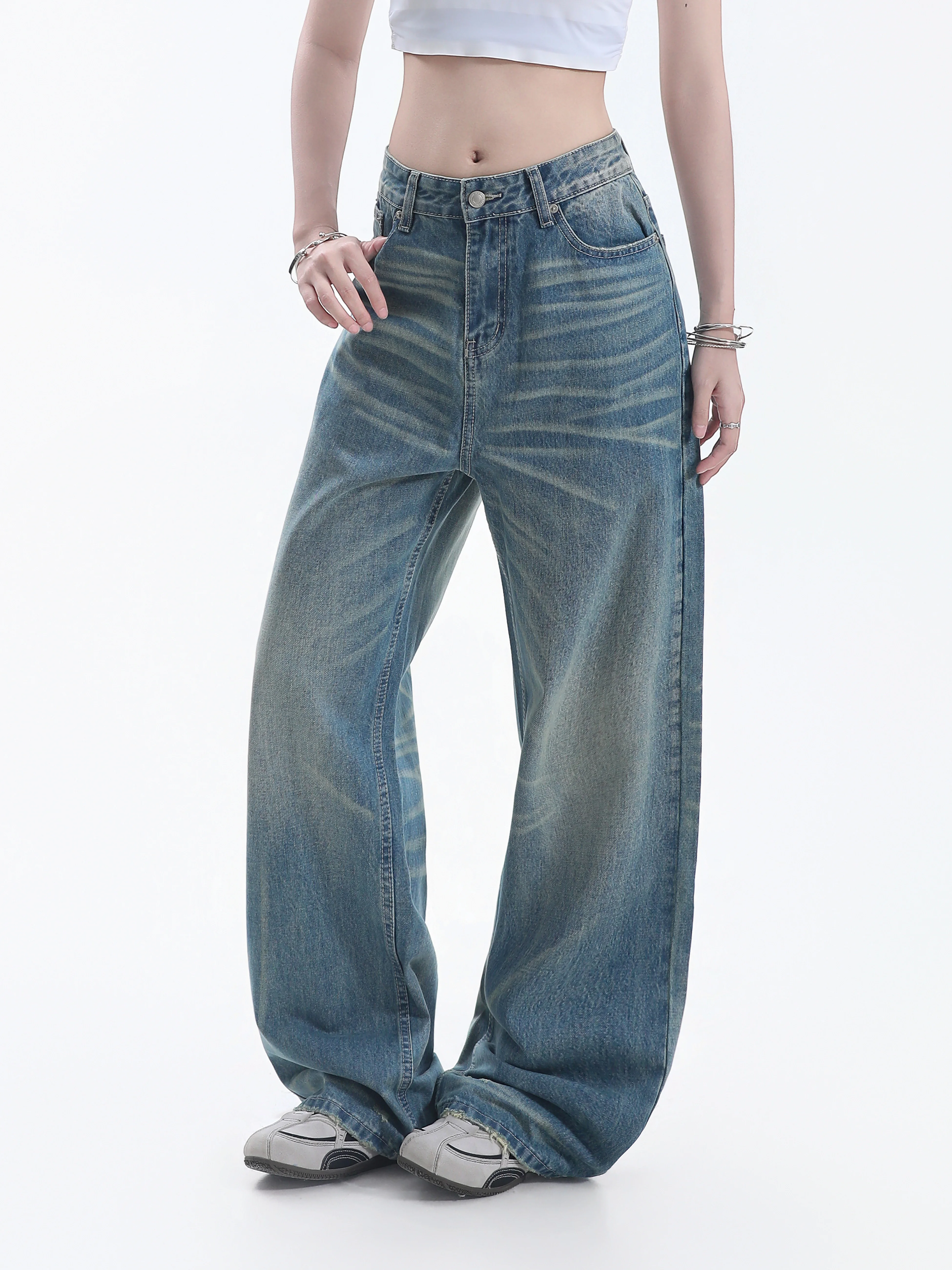 Relaxed Fit Distressed Denim Wide Leg Pants Women's  Whisker Texture American Casual Feel Washed out Floor Length Jeans