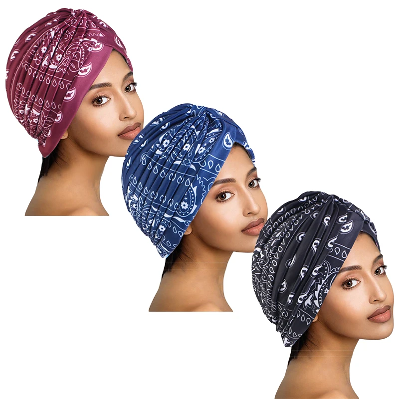 

3PCS/LOT Women Ruffle Knot Turban Muslim Hijab Paisley Head Wrap Stretchy India Hat Bonnet Chemo Hats Turbante Hair Accessories