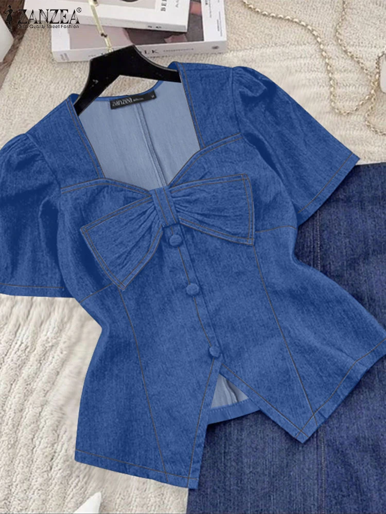 

ZANZEA Summer Denim Shirts Fashion Women Bow Tunic Tops 2025 Short Sleeve Square Collar Elegant Office Lady Blouse Solid Blusas