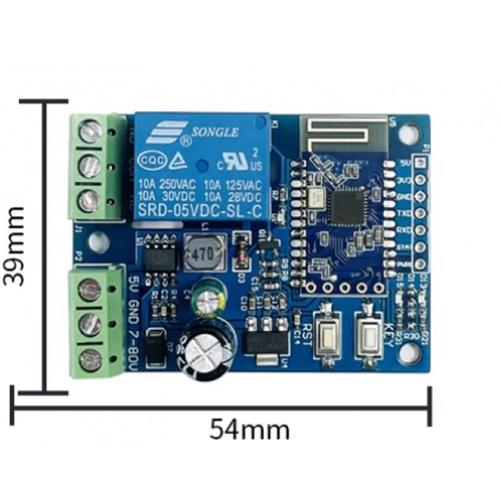 DC7-80V/DC5V 1 Way BT 5.0 BLE MESH Networking Mobile APP Remote Control Switch Relay Module with Diode Drain Protection