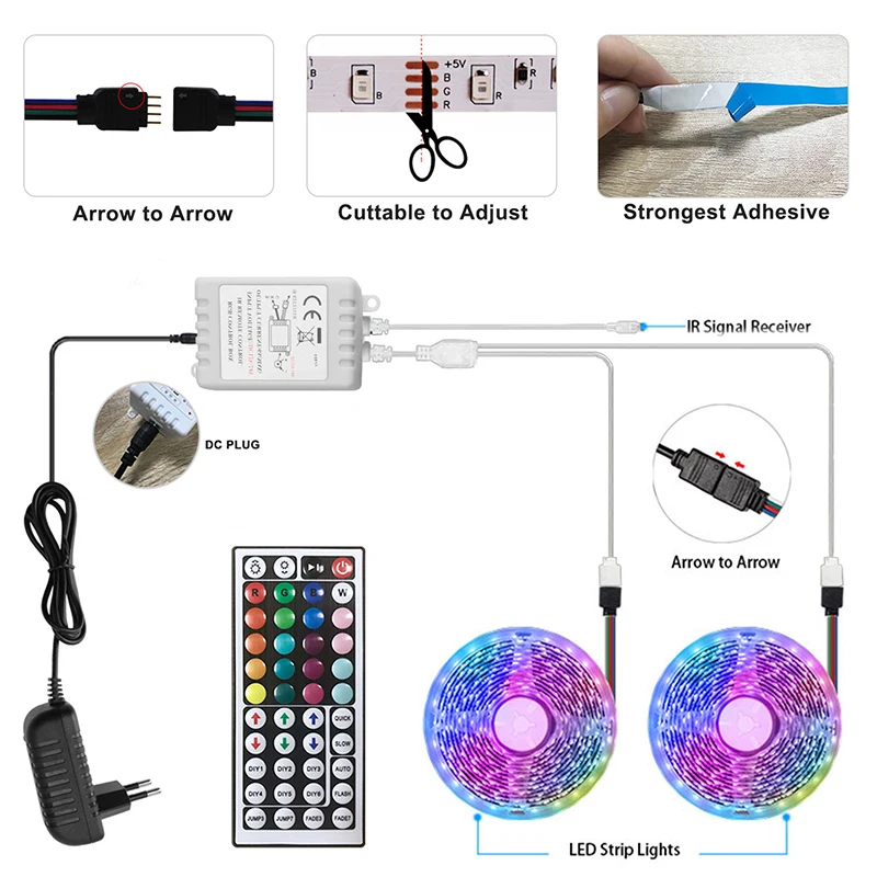 44Key RGB LED Strip Lights Wall Room Decoration Dimmable Rgb Led Tape Light Smart Remote Control 12V Elastyczne paski neonowe 5050