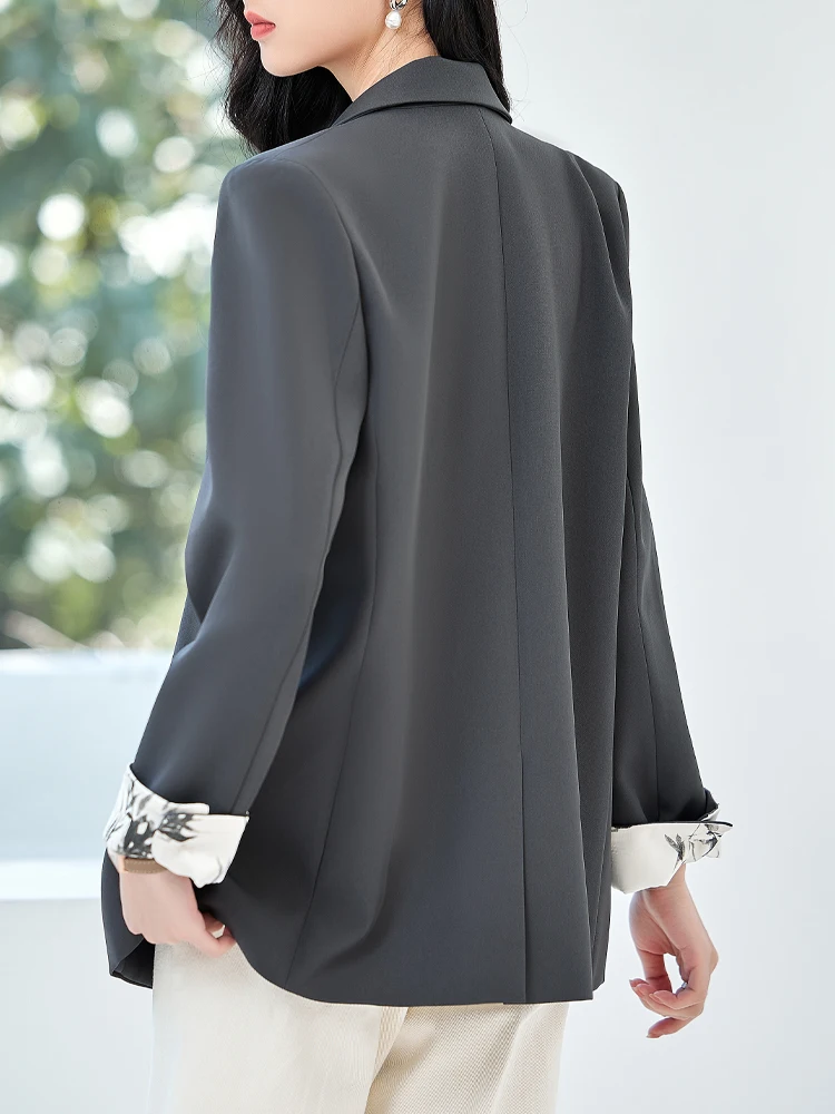 Strakke effen kleurblazer voor dames - Stijlvolle manchetten met contrasterende print, elegant professioneel kantoor-casual pak met lange mouwen