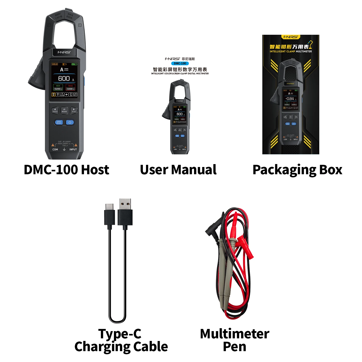 FNIRSI DMC-100 مقياس متعدد من نوع المشبك التلقائي الذكي عالي الدقة مقياس التيار الكهربائي مع مسبار درجة الحرارة