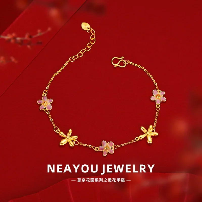 

9999 Real Gold 24K French Premium Monet Garden Orange Blossom Bracelet Enamel Five Flowers Bracelet