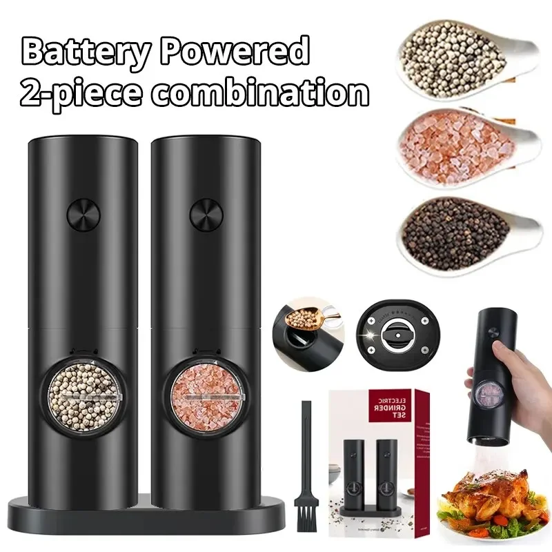 2Pcs Electric Salt And Pepper Grinder With Adjustable Coarseness Refillable Mill Battery Powered Kitchen Automatic Gadget Mortar