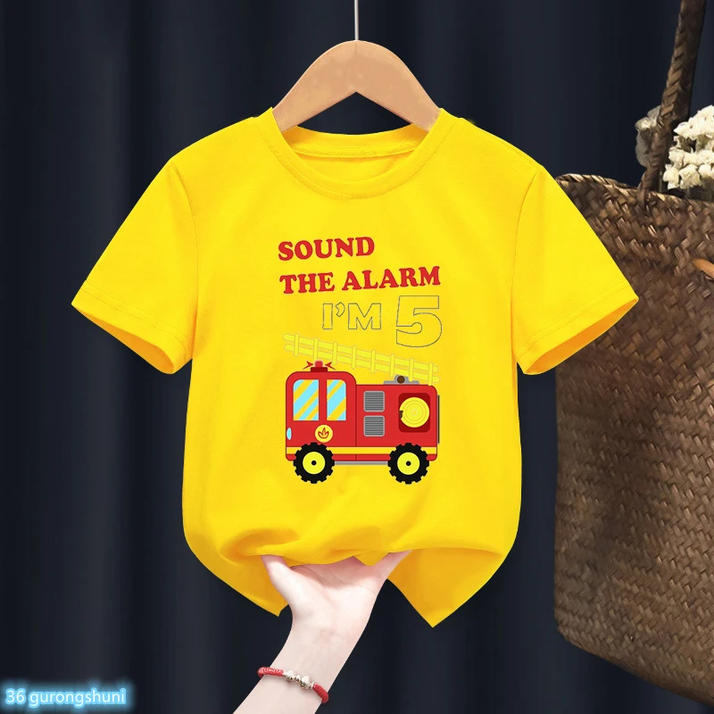 New Sound The Alarm Fire Engine I\'M 2 3 4 5-9 T Shirt Happy Birthday Gift Boys Girls Tshirt Party Gift Kids Clothes Baby Tops