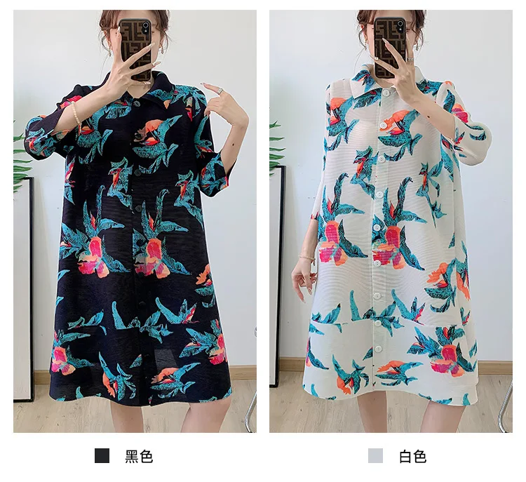 Miyake Plissee-Einreiher-Kleid 2025, Sommer, neuer französischer Druck, lockere, lässige Mode, Kleider mit Siebenviertelärmeln